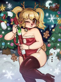 Rule 34 | 1girl, animal nose, antlers, aurora, bare shoulders, bell, black boots, blonde hair, boots, bow, breasts, candy, candy cane, christmas, christmas lights, christmas ornaments, christmas present, christmas tree, cleavage, collar, commentary, crescent, deer antlers, dress, english commentary, fat, fat woman, food, gift, gingerbread man, headphones, highres, holding, holding candy, holding candy cane, holding food, horns, large breasts, looking at viewer, neck bell, nitroplus, one eye closed, orange eyes, plushvampy, red collar, santa claus, santa costume, santa dress, snow, snowing, snowman, solo, super pochaco, tongue, tongue out, twintails, white bow