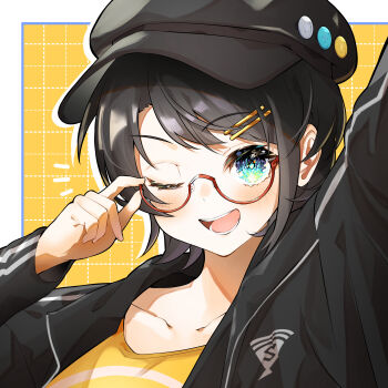 1girl absurdres alternate_costume black_hat black_jacket blue_eyes commentary_request furuki_ayaginutaira glasses hair_ornament hairpin hat highres hololive jacket one_eye_closed oozora_subaru open_mouth red-framed_eyewear shirt smile solo virtual_youtuber yellow_shirt