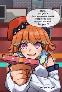 1girl chef_hat commentary ddas_di detached_sleeves earrings english_commentary english_text feather_earrings feathers gradient_hair green_hair hat highres hololive hololive_english incoming_gift jewelry long_hair looking_at_viewer mini_chef_hat multicolored_hair multiple_hats open_mouth orange_hair orange_hat pink_eyes solo speech_bubble takanashi_kiara takanashi_kiara_(1st_costume) virtual_youtuber white_sleeves