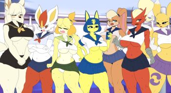 2022 animal_crossing ankha_(animal_crossing) bandai_namco black_eyes black_sclera black_skirt blaziken blonde_hair blue_eyes blue_skirt bra breasts burgerkiss cinderace closed_eyes colored_sclera crop_top cropped_shirt digimon digimon_(creature) ears eyelashes female_focus flat_color furry furry_female gen_3_pokemon gen_7_pokemon gen_8_pokemon green_necktie green_skirt isabelle_(animal_crossing) lola_bunny looney_tunes lycanroc lycanroc_(midnight) microskirt miniskirt narrowed_eyes navel necktie nintendo open_clothes open_mouth original panties pokemon pokemon_(creature) purple_skirt red_eyes red_fur red_necktie renamon school_uniform shirt skirt space_jam standing sweat sweatdrop tail thick_thighs thighs third-party_edit tongue train train_interior underboob underwear undressing video_game warner_bros. white_panties wide_hips yellow_fur yellow_necktie