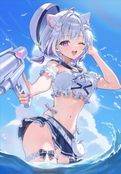 1girl absurdres ahoge animal_ears ayatsuno_yuni bare_shoulders bikini blue_skirt breasts cloud commentary cross-shaped_pupils day detached_sleeves extra_ears frilled_thigh_strap frills hand_up hat highleg highleg_bikini highres holding holding_water_gun long_hair looking_at_viewer midriff miniskirt mond_sl navel one_eye_closed open_mouth outdoors purple_eyes purple_hair sailor_bikini sailor_collar sailor_hat short_twintails side-tie_bikini_bottom skirt smile solo stellive stomach string_bikini swimsuit symbol-shaped_pupils thigh_strap twintails virtual_youtuber wading water_gun white_bikini white_hair white_hat