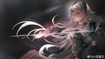 1girl absurdres arknights black_jacket capelet chinese_commentary commentary_request cross_scar earrings eye_trail fighting_stance film_grain glint head_wings highres irene_(arknights) jacket jewelry light_trail long_hair long_sleeves pink_eyes pink_ribbon puffy_long_sleeves puffy_sleeves rain rapier ribbon scar scar_across_eye scar_on_face shoulder_strap solo sword upper_body watermark weapon weibo_watermark white_capelet white_hair wings xiaoxing_mowang