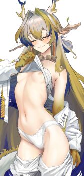 1girl absurdres arknights bare_shoulders blue_eyes blue_hair blush breasts closed_eyes clothes_lift clothes_pull commentary dragon_girl dragon_horns dragon_tail earrings english_commentary gradient_eyes gradient_hair green_eyes green_hair hair_between_eyes half-closed_eyes hand_up highres hip_focus horns jacket jacket_pull jewelry lifting_own_clothes long_hair midriff multicolored_eyes multicolored_hair navel nipples no_bra off_shoulder open_clothes open_jacket panties pants pants_pull pointy_ears pulling_own_clothes radioneet shirt shirt_lift shu_(arknights) slit_pupils smile solo stomach tail underboob underwear very_long_hair white_hair white_jacket white_panties white_pants white_shirt