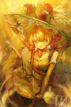 1girl :o bare_shoulders blonde_hair bow chinstrap dress drill_hair elbow_gloves flask flower fuyeor gloves green_dress green_eyes green_gloves green_hat hand_up hat hat_feather hat_flower highres holding holding_quill long_dress long_hair looking_at_viewer low_twintails orange_bow picture_hat quill red_flower red_rose reverse:1999 rose round-bottom_flask sleeveless sleeveless_dress solo sotheby test_tube twin_drills twintails upper_body yellow_theme