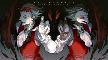 1boy alternate_costume alternate_form alternate_hairstyle ascot beak bird bird_wings casual demon_boy evil_grin evil_smile eyewear_on_head feathered_wings feathers fingernails furry furry_male glasses grey_hair grin hellaverse helluva_boss juliet_sleeves long_sleeves looking_at_viewer owl pale_skin puffy_sleeves red_eyes sharp_fingernails slick_star smile solo stolas_(helluva_boss) wings wraith615