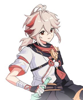 1boy antenna_hair armor asymmetrical_sleeves bandaged_arm bandaged_hand bandages black_gloves black_haori blue_scarf bow brown_bow commentary crossed_bangs fingerless_gloves genshin_impact gloves hair_between_eyes haori highres holding holding_sword holding_weapon japanese_armor japanese_clothes kaedehara_kazuha katana kimono long_hair long_sleeves looking_at_viewer low_ponytail male_focus mismatched_sleeves multicolored_hair off_shoulder open_mouth pom_pom_(clothes) ponytail red_eyes red_hair red_scarf scarf short_sleeves shoulder_armor sidelocks simple_background single_sode smile sode solo streaked_hair sword symbol-only_commentary tassel ttuyer0 uneven_sleeves weapon white_background white_hair white_kimono