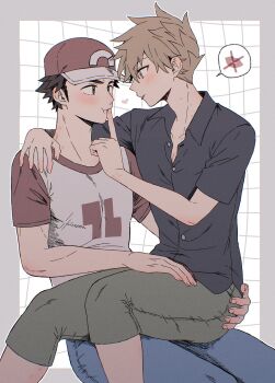 2boys :t arm_around_shoulder baseball_cap black_shirt blue_oak blue_pants blush border brown_eyes brown_hair buttons capri_pants closed_mouth collared_shirt commentary_request crew_neck denim eye_contact feet_out_of_frame finger_to_mouth grey_border grey_pants grid_background hand_on_another's_ass hand_on_another's_thigh hat heart highres index_finger_raised jeans looking_at_another male_focus multiple_boys nintendo open_collar pants parted_bangs pk_rgr96 pokemon pokemon_sm print_shirt red_(pokemon) red_hat shirt short_hair short_sleeves sideburns sitting sitting_on_lap sitting_on_person speech_bubble spiked_hair spoken_object t-shirt two-tone_shirt wing_collar yaoi