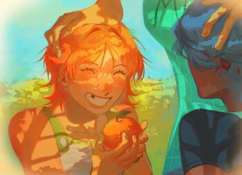 3girls adoptive_parent_and_adoptive_child adoptive_siblings aged_down aqua_shirt bare_shoulders bellemere blue_hair blue_shirt checkered_clothes checkered_shirt closed_eyes commentary dappled_sunlight dress english_commentary exhosionn food fruit green_dress grin hand_on_another's_head highres holding holding_food holding_fruit mandarin_orange missing_tooth multiple_girls nami_(one_piece) nojiko_(one_piece) one_piece orange_hair shirt short_hair smile sunlight upper_body