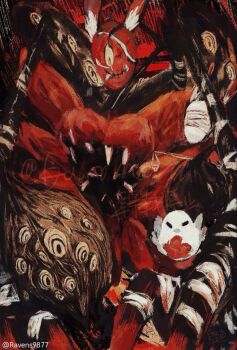 animal_focus apocalypse_bird balance_scale bandages big_bird_(project_moon) bird claws colored_sclera commentary extra_eyes feathers highres judgement_bird lobotomy_corporation looking_down monster monster_focus no_humans project_moon punishing_bird ravens9877 sharp_teeth stitches symbol-only_commentary teeth weighing_scale yellow_sclera