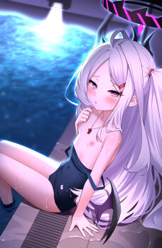 1girl :o absurdres black_halo blue_archive blue_one-piece_swimsuit blush breasts clothes_pull commentary_request halo highres hina_(blue_archive) hina_(swimsuit)_(blue_archive) loli long_hair looking_at_viewer low_wings nipples official_alternate_costume one-piece_swimsuit one-piece_swimsuit_pull otakummm pool purple_eyes sitting small_breasts swimsuit wet wet_clothes wet_swimsuit white_hair wings