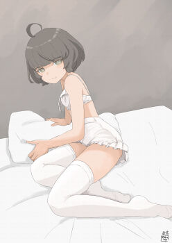1girl absurdres ahoge bed black_hair bloomers blunt_bangs bra brown_eyes commentary_request highres kantai_collection kishinami_(kancolle) pillow short_hair sitting solo thighhighs toplow underwear underwear_only white_bloomers white_bra white_thighhighs yokozuwari
