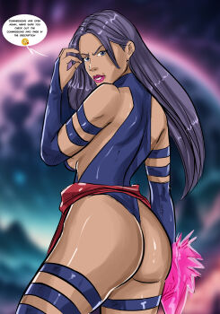 1girl artist_request artist_self-insert ass blue_leotard breasts curvy energy_sword english_text glowing highres holding holding_sword holding_weapon huge_ass large_breasts leotard lips long_hair looking_at_viewer looking_back marvel psylocke purple_eyes purple_hair red_sash revealing_clothes sash shiny_clothes shiny_skin skindentation solo standing sword very_long_hair weapon wide_hips x-men