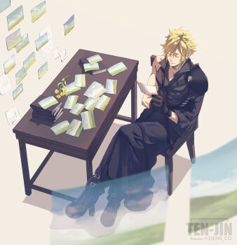 1boy armor artist_name black_boots black_cape black_gloves black_pants black_sleeves black_vest blonde_hair book book_stack boots cape chair chest_strap closed_eyes closed_mouth cloud_strife crossed_legs demi_co earrings fenrir_(fenriluuu) final_fantasy final_fantasy_vii final_fantasy_vii_advent_children flower from_above full_body gloves hair_between_eyes hand_on_own_arm highres holding holding_photo jewelry light_smile looking_at_object male_focus pants pauldrons photo_(object) popped_collar short_hair shoulder_armor single_bare_shoulder single_earring single_pauldron single_sleeve solo spiked_hair table twitter_username vest waist_cape yellow_flower