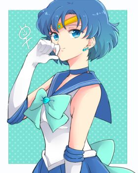 Rule 34 | 1girl, aqua background, aqua bow, bishoujo senshi sailor moon, blue eyes, blue hair, blue sailor collar, bow, choker, circlet, earrings, female focus, gloves, hiki-wota, jewelry, matching hair/eyes, mercury symbol, mizuno ami, sailor collar, sailor mercury, short hair, sleeveless, solo, star (symbol), star symbol background, stud earrings, white gloves