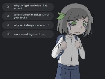 1girl backpack bag blue_bag blue_skirt collared_shirt crying crying_with_eyes_open english_text google grey_background hair_ornament jaggy_lines leaf leaf_hair_ornament leaf_on_head mentha_(menthalovely) mint_(menthalovely) original sad search_bar shirt short_hair skirt solo tears wavy_mouth