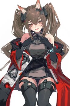 Rule 34 | 1girl, :d, absurdres, angelina (arknights), animal ear fluff, animal ears, arknights, arknights: endfield, bare shoulders, black gloves, black panties, blush, bracelet, breasts, brown hair, coat, diamond-shaped pupils, diamond (shape), dress, elbow gloves, fox ears, fox girl, gilberta (arknights), gloves, grey dress, headpiece, high collar, highres, impossible clothes, impossible dress, infection monitor (arknights), invisible chair, jewelry, long hair, long sleeves, looking at viewer, medium breasts, nekomatamago, off shoulder, open clothes, open coat, open mouth, orange eyes, own hands together, panties, red coat, simple background, sitting, sleeveless, sleeveless dress, smile, solo, symbol-shaped pupils, thighhighs, twintails, underwear, upskirt, white background, zettai ryouiki