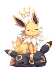 ... :3 absurdres closed_eyes closed_mouth commentary_request gen_1_pokemon gen_2_pokemon highres hoishere7 jolteon nintendo no_humans pokemon pokemon_(creature) pokemon_focus red_eyes simple_background smile sparkle spoken_ellipsis twitter_username umbreon white_background