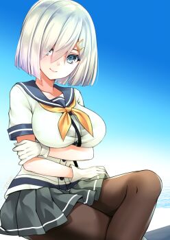 Rule 34 | 1girl, blue background, blue eyes, blush, breasts, commentary request, crossed legs, gloves, grey hair, grey sailor collar, grey skirt, hair ornament, hair over one eye, hairclip, hamakaze (kancolle), highres, kantai collection, large breasts, looking at viewer, neckerchief, omoomomo, pantyhose, pleated skirt, sailor collar, school uniform, serafuku, short hair, short sleeves, simple background, sitting, skirt, solo, white gloves, yellow neckerchief