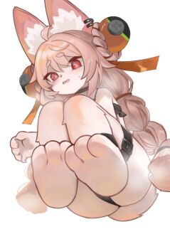 1girl animal_ear_fluff animal_ear_piercing animal_ears animal_feet barefoot belt body_fur braid commentary_request dokomon fang feet foot_focus full_body furry furry_female highres invisible_chair korean_commentary long_hair looking_at_viewer open_mouth pink_fur pink_hair rabbit_ears rabbit_girl rabbit_tail red_eyes sitting solo tail thick_eyebrows thigh_belt thigh_strap toes twin_braids variant_set zenless_zone_zero zhao_(zenless_zone_zero)