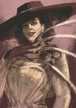 Rule 34 | 1girl, absurdres, alcina dimitrescu, black gloves, black hat, breasts, brown background, cleavage, commentary request, dress, gloves, grin, hat, highres, large breasts, looking at viewer, mature female, ootato, resident evil, resident evil village, smile, solo, sun hat, upper body, white dress