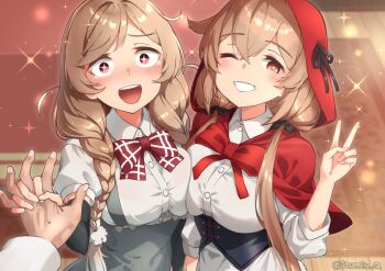 +_+ 1other 2girls arm_warmers asymmetrical_docking bow bowtie braid breast_press brown_eyes brown_hair capelet cloud_hair_ornament collared_shirt commentary_request cosplay dress_shirt grey_skirt grin highres izumi_kuma kantai_collection little_red_riding_hood_(fairy_tale) little_red_riding_hood_(fairy_tale_character) little_red_riding_hood_(fairy_tale_character)_(cosplay) long_hair low_twin_braids minegumo_(kancolle) multiple_girls murasame_(halloween)_(kancolle) murasame_(kancolle) murasame_kai_ni_(kancolle) one_eye_closed open_mouth own_hands_clasped own_hands_together plaid_bow plaid_bowtie plaid_clothes pov red_bow red_bowtie red_capelet red_hood round_teeth shirt skirt smile sparkle suspender_skirt suspenders teeth twin_braids upper_teeth_only v white_shirt