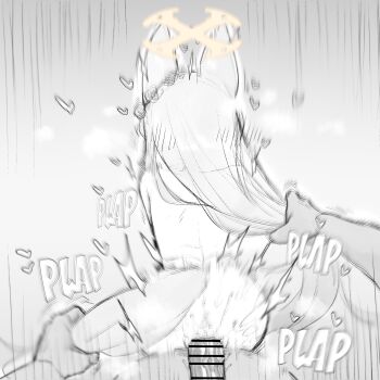 1boy 1girl animal_ears bar_censor blue_archive censored cross_halo ear_wreath flower fox_ears fox_girl fox_tail from_behind grabbing_another's_hair grabbing_another's_tail hair_blush hair_flower hair_ornament halo heart hetero highres holding_another's_hair holding_another's_tail kenatosne loli long_hair monochrome nude penis plap pov pov_crotch pov_hands seia_(blue_archive) sex sex_from_behind simple_background tail yellow_halo