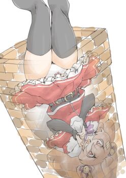 1girl akara_kai black_thighhighs blush breasts chimney christmas cleavage dress fur-trimmed_dress fur_trim gloves hat highres house kantai_collection large_breasts long_hair looking_at_viewer murasame_(kancolle) murasame_kai_ni_(kancolle) open_mouth panties red_dress sack santa_costume santa_dress santa_hat solo thighhighs underwear upside-down white_panties