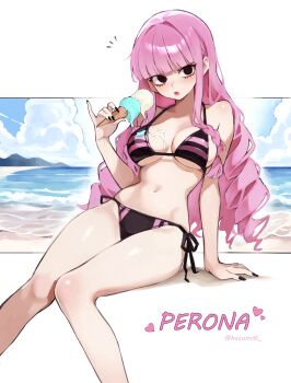 1girl absurdres alternate_costume bare_legs beach bikini black_bikini black_eyes black_nails blunt_bangs breasts character_name commentary_request feet_out_of_frame fingernails food food_on_body halterneck heart highres holding holding_ice_cream_cone ice_cream ice_cream_cone kasumi_6 knees_together_feet_apart long_hair looking_at_viewer medium_breasts melting_ice_cream multicolored_bikini multiple_scoops nail_polish navel no_pupils notice_lines one_piece partial_commentary perona pink_hair pinky_out side-tie_bikini_bottom sideboob sitting solo stomach string_bikini swimsuit twitter_username two-tone_bikini underboob very_long_hair