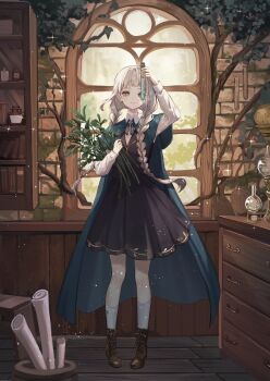 1girl aqua_cape arched_bangs arm_up black_skirt black_vest book boots braid brown_boots buttons cape chemistry chest_of_drawers closed_mouth commentary drawer earrings fantasy flask full_body green_eyes hair_over_shoulder hand_up highres holding holding_plant holding_test_tube inaba_0717 indoors jewelry liquid long_hair looking_at_object low_twintails mole mole_under_eye moss original pigeon-toed plant scroll shirt single_earring skirt smile socks solo sparkle standing test_tube tree twin_braids twintails vest vines white_hair white_shirt white_socks window wooden_floor