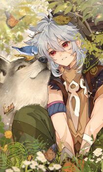 1boy absurdres bird bug butterfly commentary earrings genshin_impact glint grey_hair hair_between_eyes highres insect jewelry leaf misoshiru_umai4 parted_lips razor_(genshin_impact) red_eyes signature solo twitter_username upper_body watermark wolf