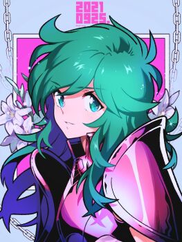 Rule 34 | 1boy, androgynous, andromeda shun, armor, blue eyes, chain, dated, flower, green eyes, green hair, long hair, looking at viewer, male focus, pauldrons, saint seiya, sasaki tomomi, shoulder armor, smile, solo, trap