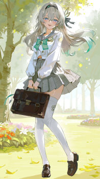 Rule 34 | 1girl, absurdres, bag, black bow, black hairband, blue eyes, blue pupils, bow, bowtie, braid, breasts, brown bag, brown shoes, commentary request, firefly (honkai: star rail), firefly (spring missive) (honkai: star rail), full body, gradient hair, green bow, green bowtie, green hair, grey hair, grey sailor collar, grey skirt, hair bow, hairband, highres, holding, holding bag, honkai: star rail, honkai (series), light blush, loafers, long hair, long sleeves, looking at viewer, medium breasts, multicolored eyes, multicolored hair, nanjo maya, official alternate costume, open mouth, outdoors, partial commentary, purple eyes, sailor collar, school bag, school uniform, serafuku, shirt, shoes, signature, skirt, smile, solo, thighhighs, twin braids, two-tone eyes, white shirt, white thighhighs, zettai ryouiki