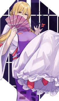 Rule 34 | 1girl, blonde hair, commentary request, dress, frilled dress, frills, hand fan, highres, holding, holding fan, long dress, long hair, mirufi (milfiiiiyu), missing headwear, purple tabard, solo, tabard, touhou, white dress, yakumo yukari, yellow eyes