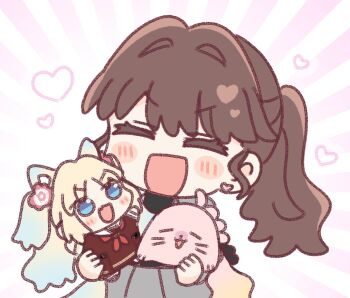 Rule 34 | 3girls, :3, :d, animalization, anyoji hime, blonde hair, blue eyes, blue hair, blush, brown hair, character doll, chibi, chibi only, closed eyes, commentary request, doll, fujishima megumi, fujishima megumi (post-graduation), gradient hair, grey jacket, grey skirt, hasu no sora school uniform, highres, holding, holding doll, holding stuffed toy, jacket, link! like! love live!, long hair, love live!, multicolored hair, multiple girls, open mouth, osawa rurino, pink background, ponytail, school uniform, sidelocks, skirt, smile, stuffed animal, stuffed seal, stuffed toy, sunburst, sunburst background, twintails, v-shaped eyebrows, virtual youtuber, watage modoki, winter uniform