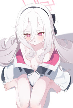 Rule 34 | 1girl, absurdres, barefoot, between legs, black hairband, blue archive, blush, breasts, hair between eyes, hairband, halo, hand between legs, highres, jacket, kei (blue archive), kei (new body) (blue archive), long hair, long sleeves, looking at viewer, nauvvii, navel, open clothes, open jacket, parted lips, pink eyes, pink halo, red eyes, red halo, simple background, sitting, small breasts, solo, toes, very long hair, wariza, white background, white hair, white jacket