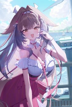 1girl :d absurdres animal_ears bag blue_sky bracelet breasts cleavage collar commentary criss-cross_straps detached_sleeves droopy_ears frilled_collar frilled_sleeves frills hair_ornament headband highres jewelry large_breasts long_hair long_skirt looking_at_viewer multicolored_hair nail_polish official_alternate_costume open_mouth outdoors red_eyes ship shoulder_bag skirt sky smile streaked_hair taiyaki12 water watercraft ye_shunguang ye_shunguang_(touch_of_dawnlight) zenless_zone_zero