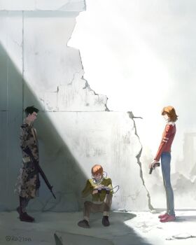 3boys absurdres against_wall armored_boots artist_request assault_rifle black_footwear black_gloves black_hair black_pants boots brown_eyes brown_hair brown_pants brown_trim cable comp_(megami_tensei) concrete dappled_sunlight denim facing_to_the_side fingerless_gloves glasses gloves green_jacket gun hand_on_own_arm highres holding holding_gun holding_weapon in_shadow jacket jeans kazuya_(megami_tensei) knee_pads leg_armor long_sleeves looking_at_another looking_down looking_to_the_side male_focus medium_hair military_jacket multiple_boys non-web_source on_ground open_clothes open_jacket outdoors own_hands_together pants red_footwear red_jacket rifle rubble shin_megami_tensei shin_megami_tensei_i shirt short_hair sitting_in_shadow sleeves_rolled_up source_request sunlight takeshi_(megami_tensei) weapon white_shirt wire yuji_(megami_tensei)