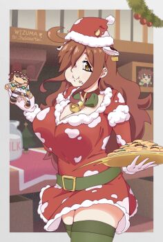 1girl ahoge animal_ears animal_print belt bottle breasts brown_eyes brown_hair christmas christmas_ornaments cookie cow_ears cow_horns cow_print dress eating food hat highres horns ivan_the_goose kono_subarashii_sekai_ni_shukufuku_wo! large_breasts milk_bottle neck_bell one_eye_covered santa_hat satou_kazuma sexually_suggestive short_dress smug wiz_(konosuba)