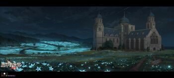 absurdres architecture artist_name asteriated_adventures cathedral church cloud copyright_name english_text flower forest grass highres landscape meadow mountainous_horizon nature night no_humans official_art outdoors path reisen13 river road scenery shooting_star sign sky star_(sky) starry_sky white_flower