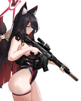 1girl absurdres akm animal_ear_fluff animal_ears assault_rifle black_hair black_one-piece_swimsuit blue_archive breasts closed_mouth commentary_request commission competition_swimsuit curvy fox_ears fox_girl from_side gun halo highres holding holding_gun holding_weapon kalashnikov_rifle large_breasts long_hair one-piece_swimsuit pixiv_commission pouch revision rifle rynn_(rynn_cube) solo standing suppressor swimsuit tactical_clothes thick_thighs thigh_strap thighs wakamo_(blue_archive) weapon yellow_eyes