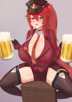1girl alcohol beer beer_mug blue_eyes blush borrowed_character breasts cleavage_cutout clothing_cutout commission cream_cod cup drunk gloves hat heterochromia highres holding holding_cup jacket large_breasts licking licking_lips long_hair military military_hat military_uniform miniskirt mug orange_eyes original ponytail red_hair red_jacket sharyn_rose shirt side_slit skirt thick_thighs thighhighs thighs tongue tongue_out tsurime very_long_hair