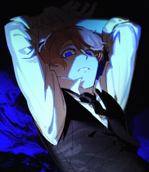 1boy abstract_background arms_up black_background black_necktie black_vest blonde_hair blue_background blue_eyes blurry buttons clenched_teeth collared_shirt commentary depth_of_field elliot_(par0llel) english_commentary film_grain fingernails from_below hair_between_eyes highres male_focus necktie original par0llel shaded_face shirt short_hair simple_background swept_bangs teeth three-quarter_sleeves two-tone_background upper_body very_short_hair vest white_shirt