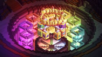 Rule 34 | absurdres, architecture, arena, block (minecraft), colorful, commentary, decision dome, english commentary, esports, glowing, highres, in-universe location, isometric, kt (swiftlyswan), mc championship, minecraft, minecraft youtube, no humans, official style, scenery, wheel