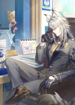 1boy 1girl ahoge animal_ear_fluff animal_ears bare_shoulders black_gloves black_jacket black_pants blonde_hair brown_shoes cat_boy cat_ears cat_tail chair cissia_(zenless_zone_zero) closed_eyes closed_mouth clothing_cutout colored_tips commentary crossed_bangs crossed_legs detached_sleeves english_commentary figure fingernails glove_cutout gloves grey_hair grey_shirt hair_between_eyes highres indoors jacket kid_o_kido long_hair multicolored_hair necktie officer_mewmew on_chair pants peeking_out pink_nails police police_badge red_eyes seth_lowell severian_lowell shirt shoes sitting snake_girl snake_tail tail yellow_necktie zenless_zone_zero