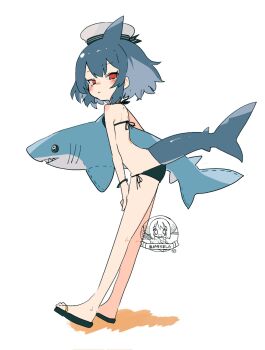 1girl armband bikini black_bikini fins fish_tail flat_chest grey_hair hat highres looking_at_viewer looking_to_the_side naka_(buttergirl_02) original sailor_hat sandals shark_fin shark_girl shark_tail short_hair side-tie_bikini_bottom signature simple_background solo stuffed_animal stuffed_shark stuffed_toy swimsuit tail