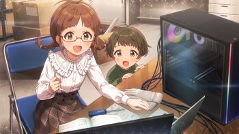 1boy 1girl aged_down akizuki_ritsuko akizuki_ryo blouse book box brown_eyes brown_hair buttons chair collar computer drawer frilled_collar frills game_cg gloves green_hair idolmaster idolmaster_million_live! idolmaster_million_live!_theater_days laptop low_twin_braids monitor official_art open_book open_mouth rgb_lights screwdriver shirt sitting skirt table twin_braids unworn_gloves
