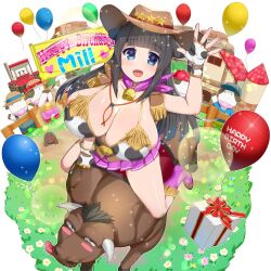 1girl animal_print balloon bell bikini bikini_top_only black_hair blue_eyes boots box breasts cleavage cow cow_girl cow_horns cow_print cow_print_bikini cowboy_hat cowboy_western cowgirl_(western) epaulettes fringe_trim gift gift_box hat horns huge_breasts inappropriate_animal kusaka_souji large_breasts long_hair miru_holstein neck_bell print_bikini purple_boots purple_skirt sheriff_badge skirt sparkle swimsuit uchi_no_hime-sama_ga_ichiban_kawaii waving