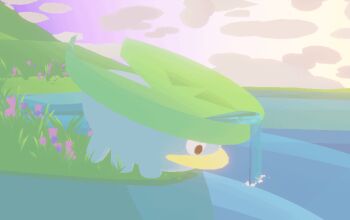 3d animal_focus animated animated_gif blender_(medium) brown_eyes closed_mouth cloud cloudy_sky commentary english_commentary flower from_side gen_3_pokemon kcamberart lotad low_poly nintendo no_humans outdoors pink_flower pokemon pokemon_(creature) pouring sky solo water