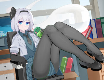 Rule 34 | 1girl, absurdres, adapted costume, aqua shirt, aqua skirt, black bow, black gloves, black hairband, black pantyhose, black shoes, blue eyes, blush, bow, bubble tea, chair, chinese commentary, closed mouth, collared shirt, commentary request, commission, cup, elbow gloves, full body, gloves, hair between eyes, hair bow, hairband, hand up, highres, holding, holding cup, indoors, knees up, konpaku youmu, konpaku youmu (ghost), legs, looking at viewer, medium hair, miniskirt, off shoulder, office lady, on chair, pantyhose, pink pupils, pleated skirt, resoap, shirt, shoes, short sleeves, sitting, skirt, smile, solo, split mouth, thighs, touhou, white shirt