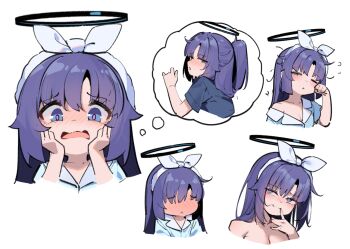 1girl :&lt; blue_archive blue_halo blue_shirt blush breasts chinese_commentary closed_mouth commentary_request cropped_torso half_updo halo long_hair mechanical_halo medium_breasts multiple_views naughty_face nude official_alternate_costume open_mouth painterliuhao pajamas purple_eyes purple_hair shirt short_sleeves simple_background single_bare_shoulder speech_bubble t-shirt thought_bubble wavy_mouth white_background yuuka_(blue_archive) yuuka_(pajamas)_(blue_archive)